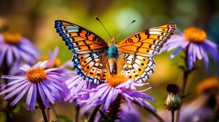 A butterfly perched on purple flowers.