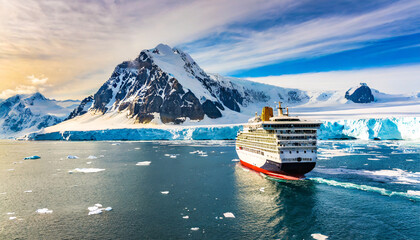cruise ship in majestic north seascape with ice glaciers in canada or antarctica - obrazy, fototapety, plakaty