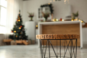 Wooden stage mockup with Christmas background
