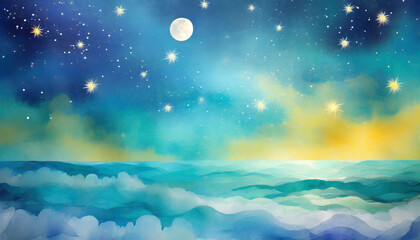 fairytale magical sky with stars and moon gentle ocean waves on the bottom mystery scene for stargazers for mobile web labels and adds vibrant teal blue and yellow colors - obrazy, fototapety, plakaty