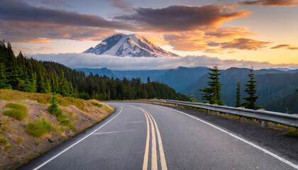 road leading towards mount rainier or tahoma in cascades range with sunset clouds hovering low in sky - obrazy, fototapety, plakaty