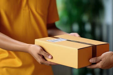 Delivery Man Handling Parcel Boxes For Sending To Customer At House