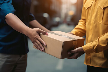 Delivery Man Handling Parcel Boxes For Sending To Customer At House