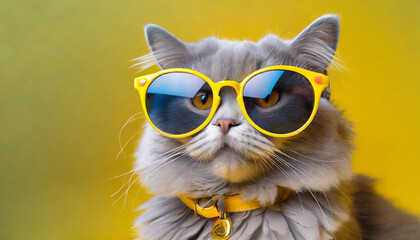 close portrait of british furry cat in fashion sunglasses funny pet on bright yellow background kitten in eyeglass fashion style cool animal concept with copy space