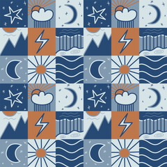 Obraz premium Plaid vector seamless geometric pattern with cute drawn sky and nature weather elements like moon, sun, stars, rain in blue and red muted colors. Modern magic print