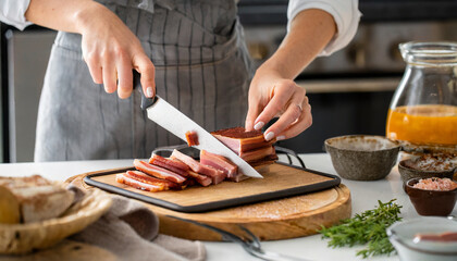 file 66711143 preview crop find similar dimensions 5184 x 3456px file type jpeg category other license type standard or extended woman s hands cutting bacon into strips close up - obrazy, fototapety, plakaty