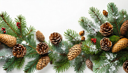 christmas border with fir branches and cones on white