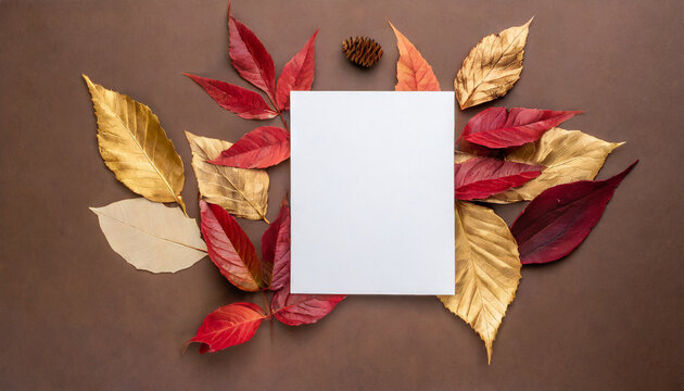 autumn composition with white paper blank and dried red and golden leaves on brown background autumn fall invitation concept thanksgiving mockup greeting card flat lay top view with copy space