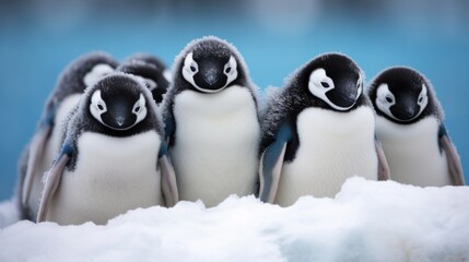 A group of penguins standing in the snow, showcasing their black and white feathers and huddling together for warmth.