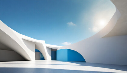 abstract 3d white architecture interior for design modern contemporary indoor and outdoor curved wall blue architecture with sunny day - 677886019