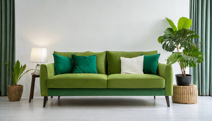 modern living room with green sofa on white background