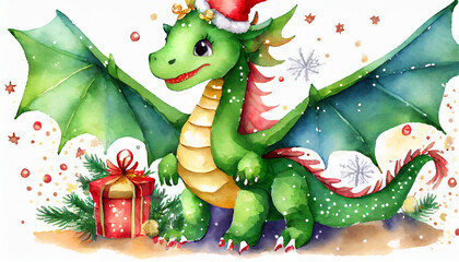 fantasy cute green dragon isolated on white background new year 2024 watercolor cartoon...