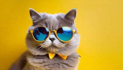 close portrait of british furry cat in fashion sunglasses funny pet on bright yellow background kitten in eyeglass fashion style cool animal concept with copy space