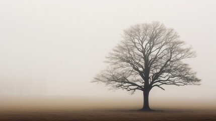 A solitary tree emerges from the mist on an open field.