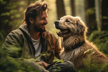 A man and his dog sharing an elated moment in a lush forest, conveying the happiness of a deep bond between humans and pets. Concept of companionship and nature. Generative Ai.