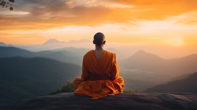 A serene monk sitting on a rock, contemplating the beauty of the sunset.