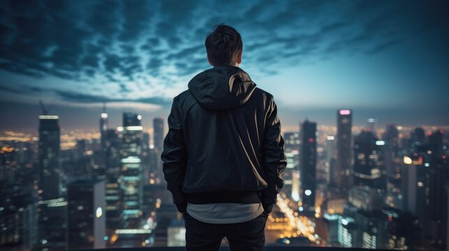 A man gazes at a dazzling cityscape under the night sky, captivated by the urban beauty.