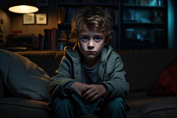 Obraz premium A child with a downcast expression, sitting alone in a dimly lit room. Concept of isolation and childhood struggles. Generative Ai.
