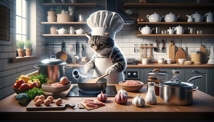 Cat chef preparing a meal in the kitchen. - obrazy, fototapety, plakaty