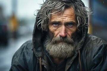 Obraz premium A homeless individual, looking weary and desolate on a city street. Concept of poverty and despair. Generative Ai.