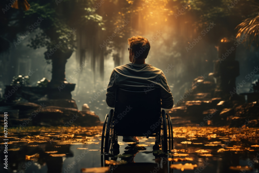 Poster a person with a disability, encountering obstacles with a determined but sad expression. concept of 