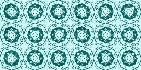 Teal green white vibrant watercolor batik azulejos tile border banner background. Seamless aqua coastal blur linen effect geometric mosaic effect.Boho Patchwork nautical masculine summer ribbon trim. 