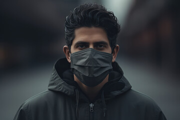 A person wearing a mask during a pandemic, displaying a weary expression. Concept of health crisis and uncertainty. Generative Ai.