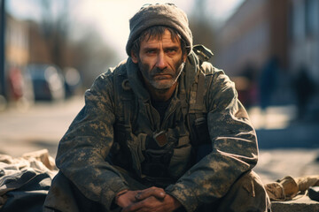 A homeless veteran, sitting on a street corner with a sign seeking assistance. Concept of homelessness and military service. Generative Ai.
