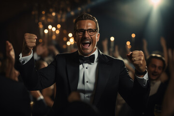 A businessman pumps his fist in joy after receiving a prestigious industry award at a black-tie event. Concept of industry recognition and excellence. Generative Ai. - obrazy, fototapety, plakaty