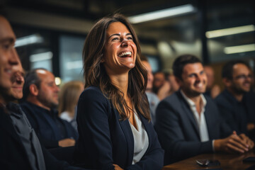 A businesswoman showcases a delighted expression while witnessing her team complete a complex project ahead of schedule. Concept of project management success. Generative Ai. - obrazy, fototapety, plakaty