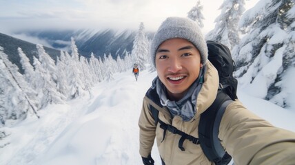 Traveler influencer taking selfie during travel in winter season backpack on alps mountain comeliness - obrazy, fototapety, plakaty