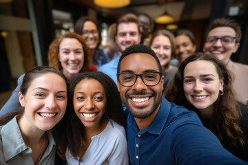 A startup founder shares a cheerful selfie with colleagues after securing funding from venture capitalists. Concept of entrepreneurship and investment. Generative Ai. - obrazy, fototapety, plakaty