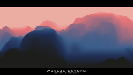 Abstract colorful landscape with misty fog till horizon over mountain slopes. Gradient eroded terrain surface. Worlds beyond. - obrazy, fototapety, plakaty