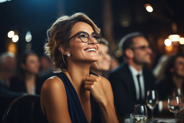 A CEO radiates happiness while attending an industry gala, acknowledging the strength of her business network and relationships.  Generative Ai. - obrazy, fototapety, plakaty