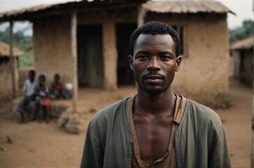 Fototapeta premium Portrait of an African man Looking at the Camera with a Blurred Rural Village in the Background. Black Male Representing Future, Hope, and Acceptance.