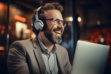 A businessman exudes pride and contentment as he watches a video testimonial from a satisfied customer. Concept of customer satisfaction and testimonials. Generative Ai.