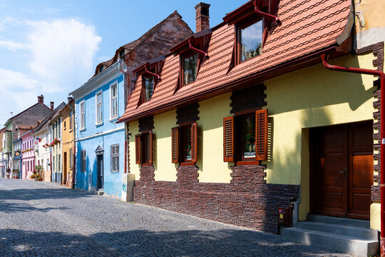 Traditional multi coloured houses in old town, Sibiu, Transylvania, Romania