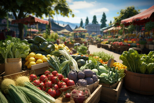 A bustling farmer's market with stalls of fresh produce and artisanal goods. Concept of local commerce and community. Generative Ai.