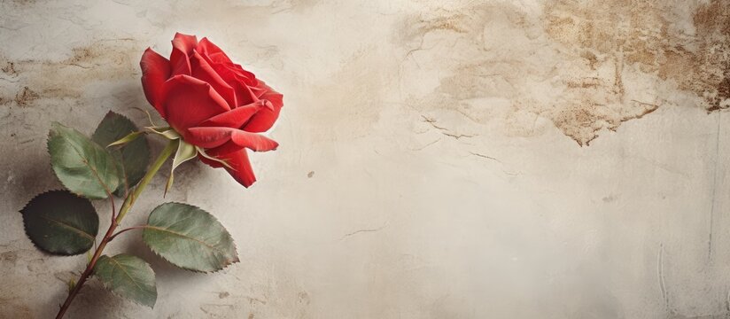 The vintage background with its old and faded texture beautifully showcases an isolated red rose highlighting natures love for floral beauty and the timeless elegance of white leaves