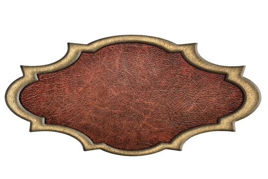vintage leather sign in a figured metal frame isolated on a whit
