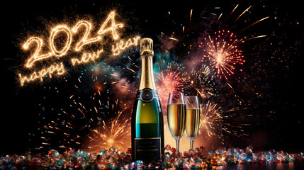 happy new year 2024 greetings with bottle of champagne and glass  with colorful glitter metal streamer decoration in front  fireworks display
