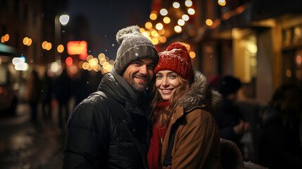 Beautiful couple on the street in the light of Christmas windows. Holiday feeling. Generative AI
