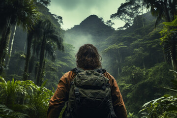 A man with a backpack and binoculars, exploring a dense rainforest. Concept of adventure and eco-tourism. Generative Ai.