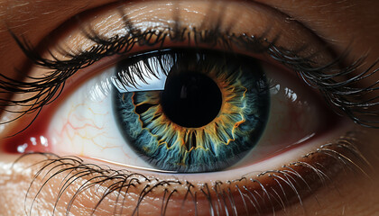 Close up of a woman eye, a beautiful blue and green iris generated by AI