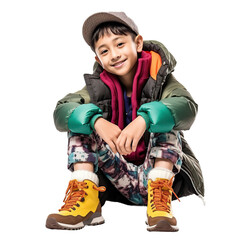Cute boy wearing urban winter clothes, isolated on white or transparent background.