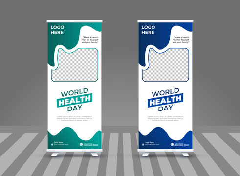 Minimalist And Sample Medical Roll Up Banner Design, Medical Roll Up Banner Design Layout, Banners Mockup, Colorful Marketing Pull Up Advertisement Retractable  Banner Design In Illustrator