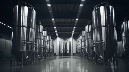  Alcohol production factory. Large steel fermentation tanks. . - obrazy, fototapety, plakaty