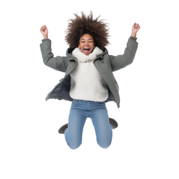Happy Afro young woman jumping, isolated on white or transparent background.