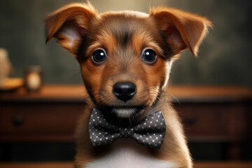 A charming puppy with an elegant bowtie, ready for a formal affair. Concept of puppy style. Generative Ai.