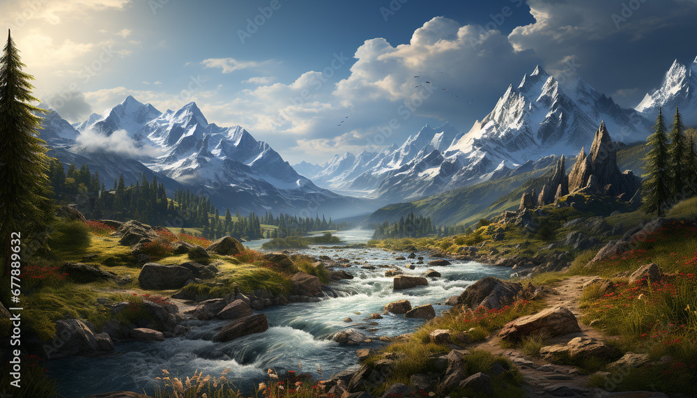 Poster Majestic mountain peak reflects in tranquil water, showcasing nature beauty generated by AI